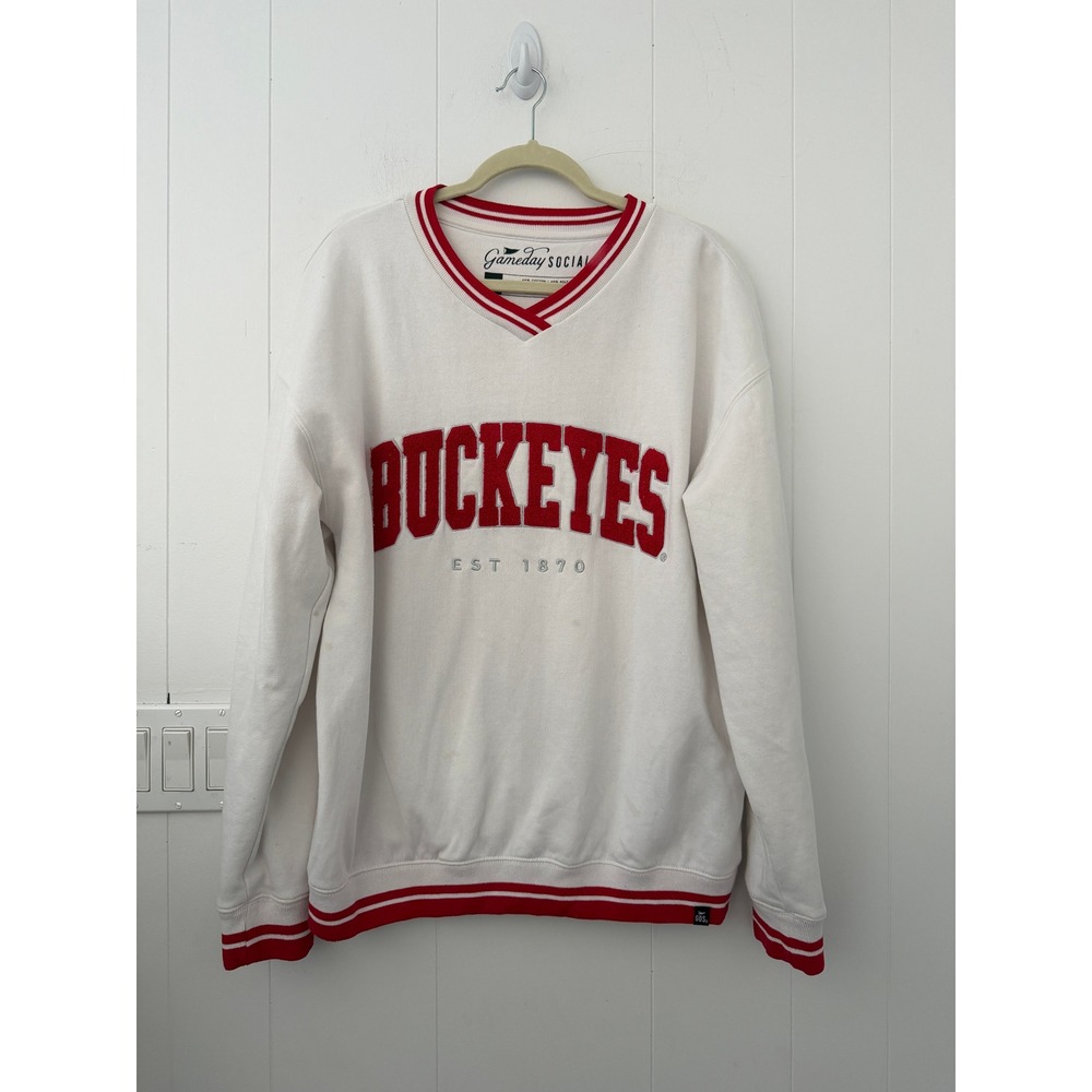 Gameday Social Ohio State Buckeyes V-Neck Sweatshirt White Red Mens Medium MD